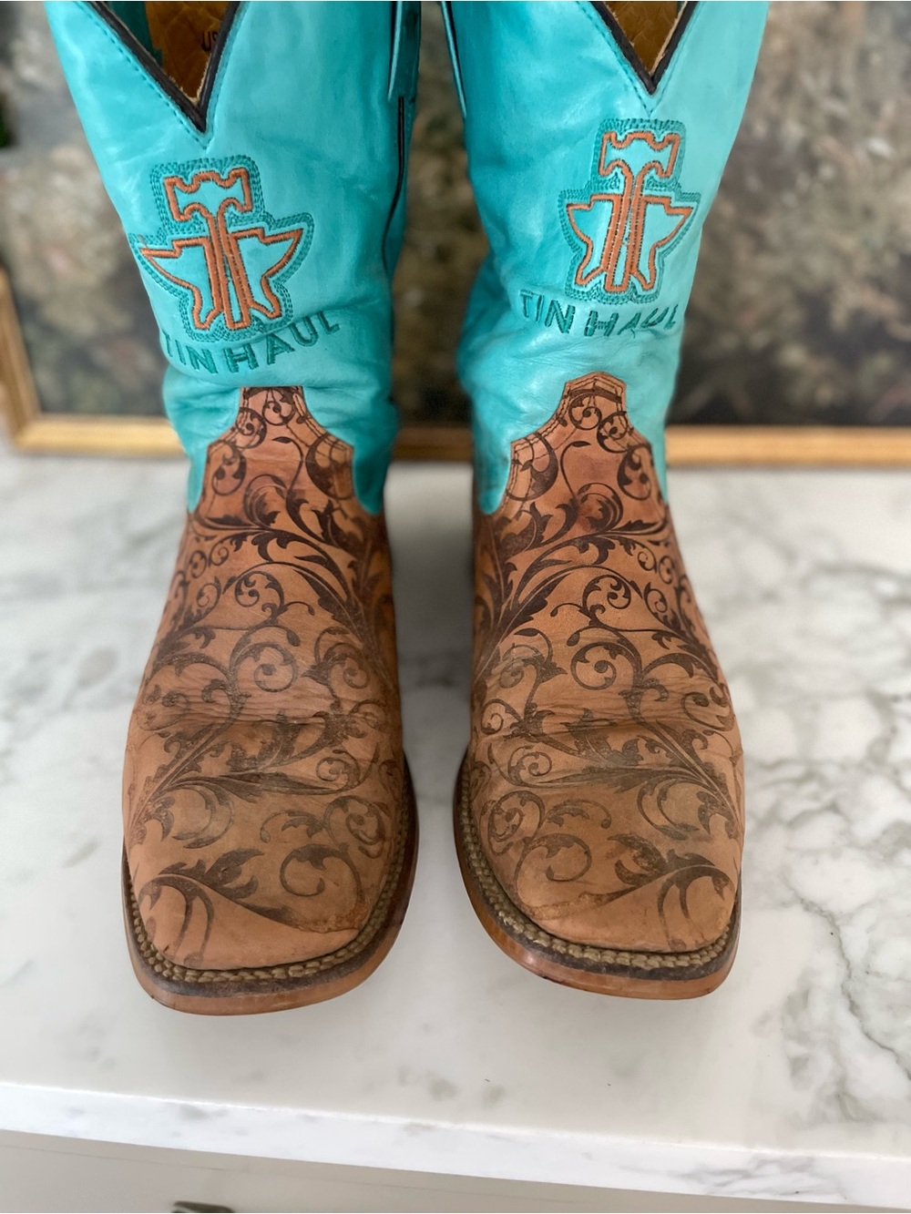 Tin Haul Womens Western Boots Turquoise Brown Floral Tooled Leather Size 10 - Picture 7 of 12